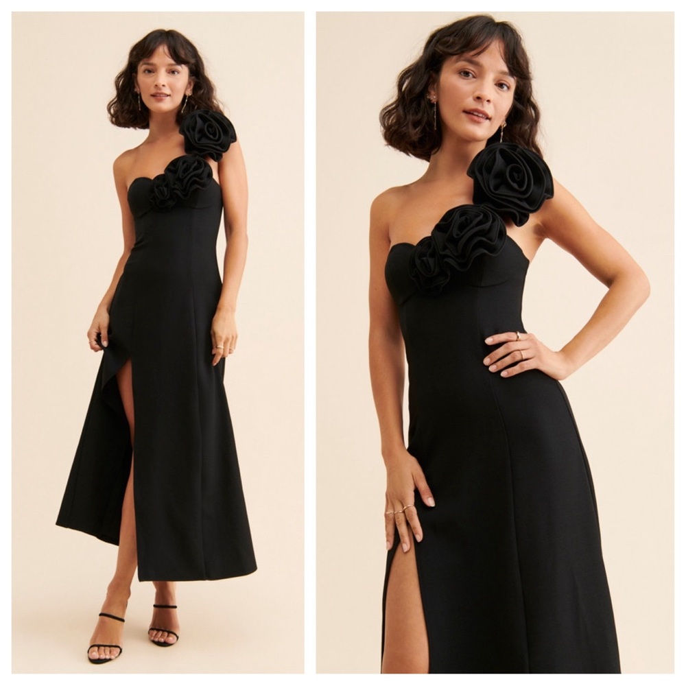 The Wolf Gang Flores One Shoulder Rose Midi Dress Anthropologie Black